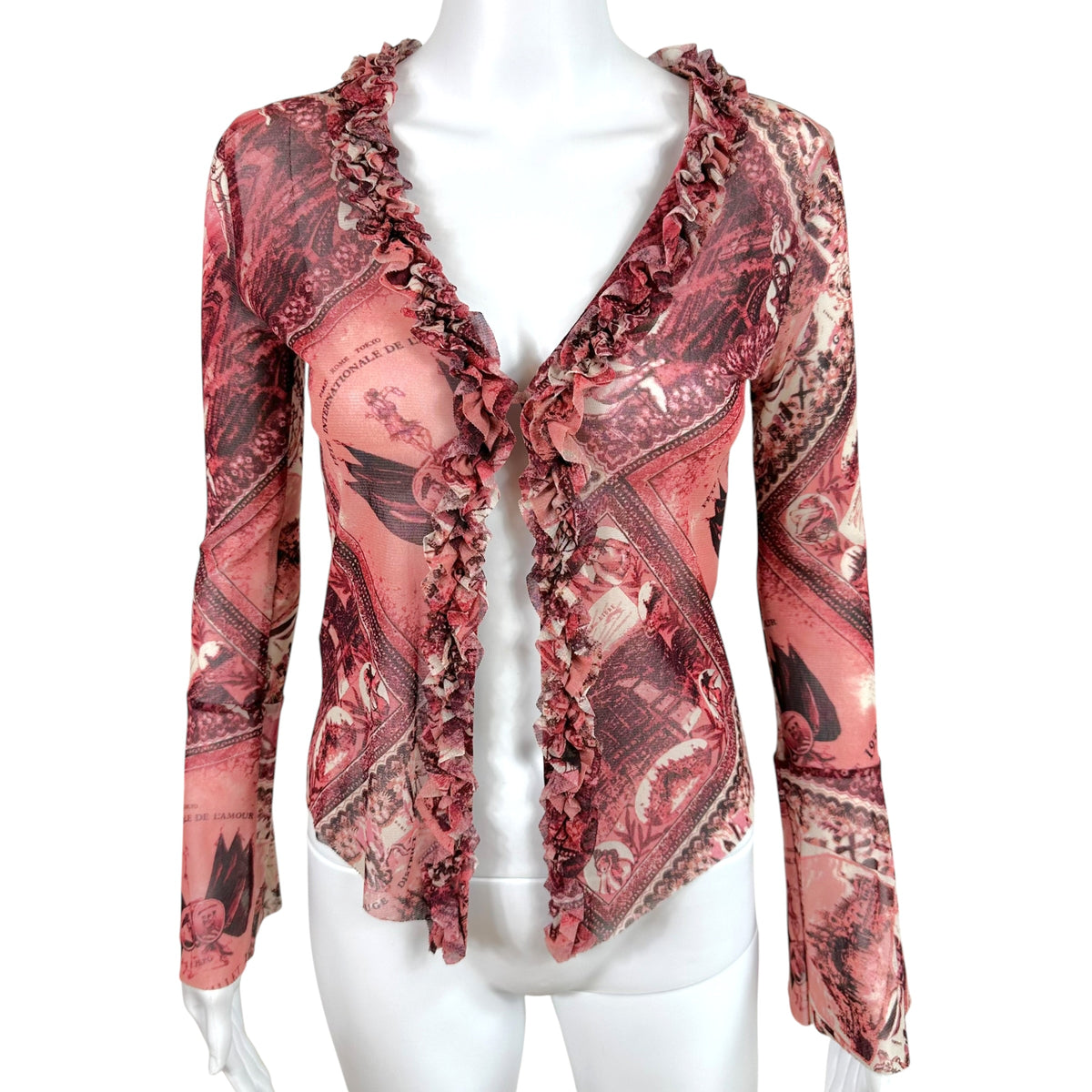Jean Paul Gaultier Jean's Burgundy Postcard Print Mesh Fringe Trim Cardigan Top