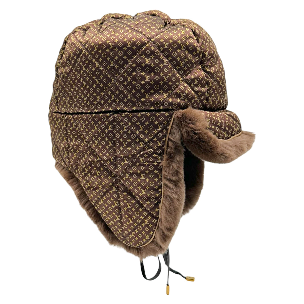 Louis Vuitton Trapper Hat Brown Monogram Silk Rabbit Fur