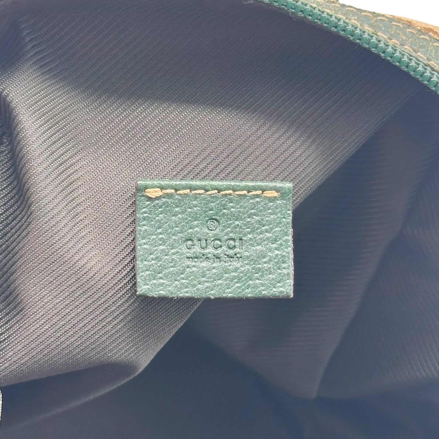 Gucci Tan Monogram & Forest Green Leather Top Handle Pochette Bag