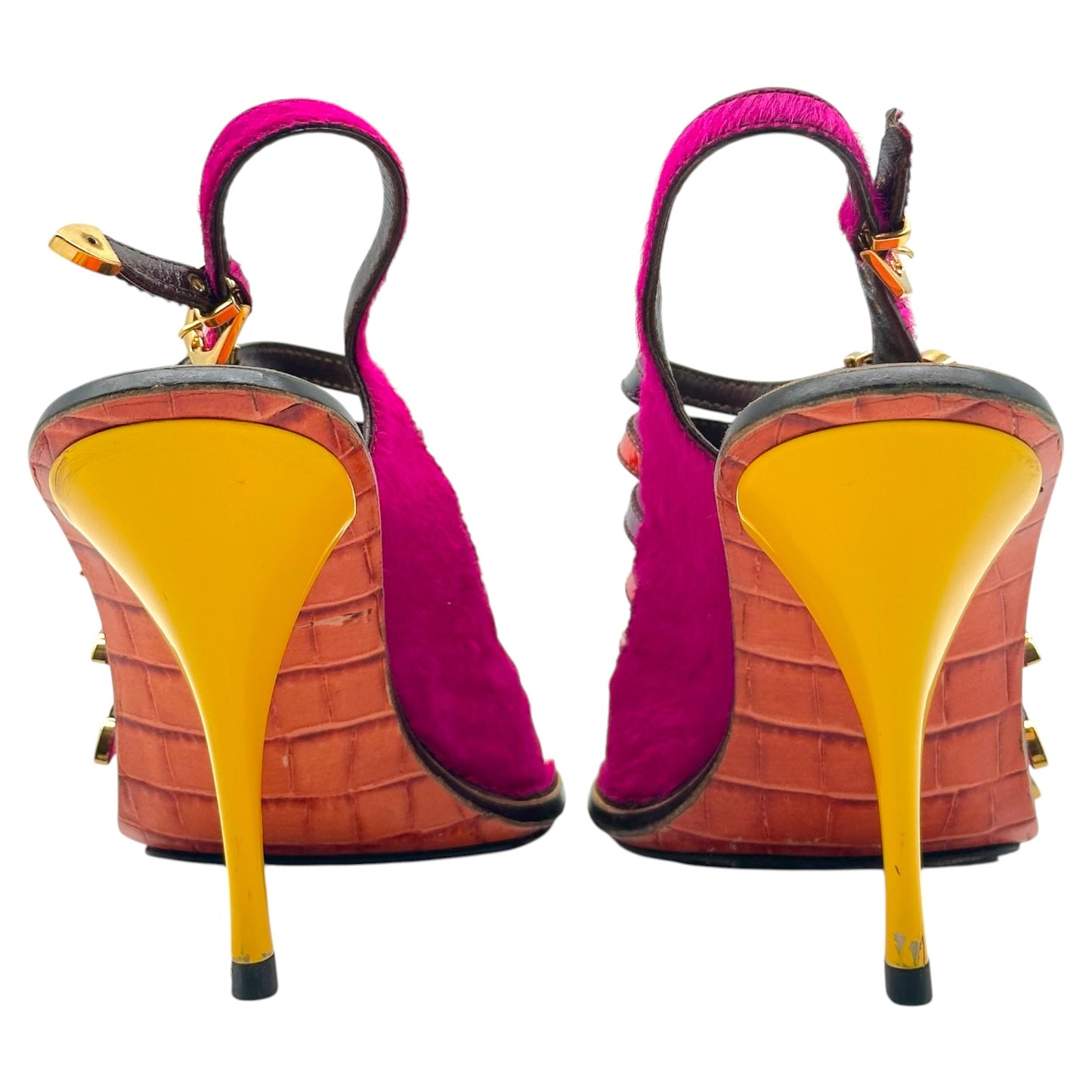 Louis Vuitton Multicolor Croc & Ponyhair Multi-Strap Sandal Heels