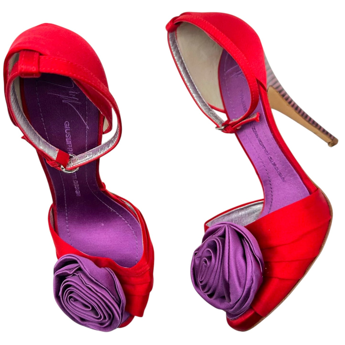 Giuseppe Zanotti Red & Purple Satin Rose Sandal Heels