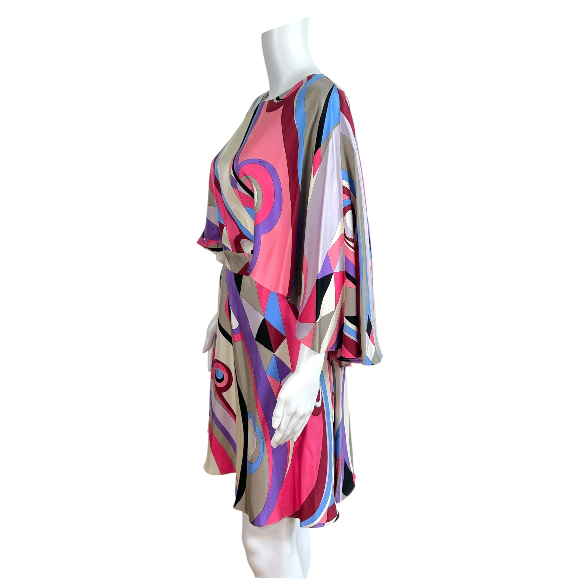 Emilio Pucci Mini Dress Pink Blue Printed Open Back Cape-Sleeve