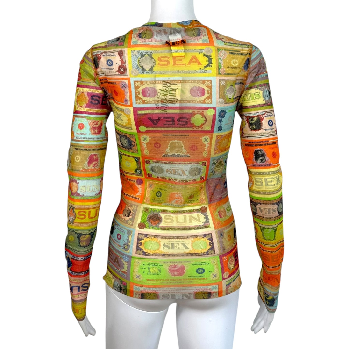 Jean Paul Gaultier Soleil Multicolor Money Print Longsleeve Mesh Top