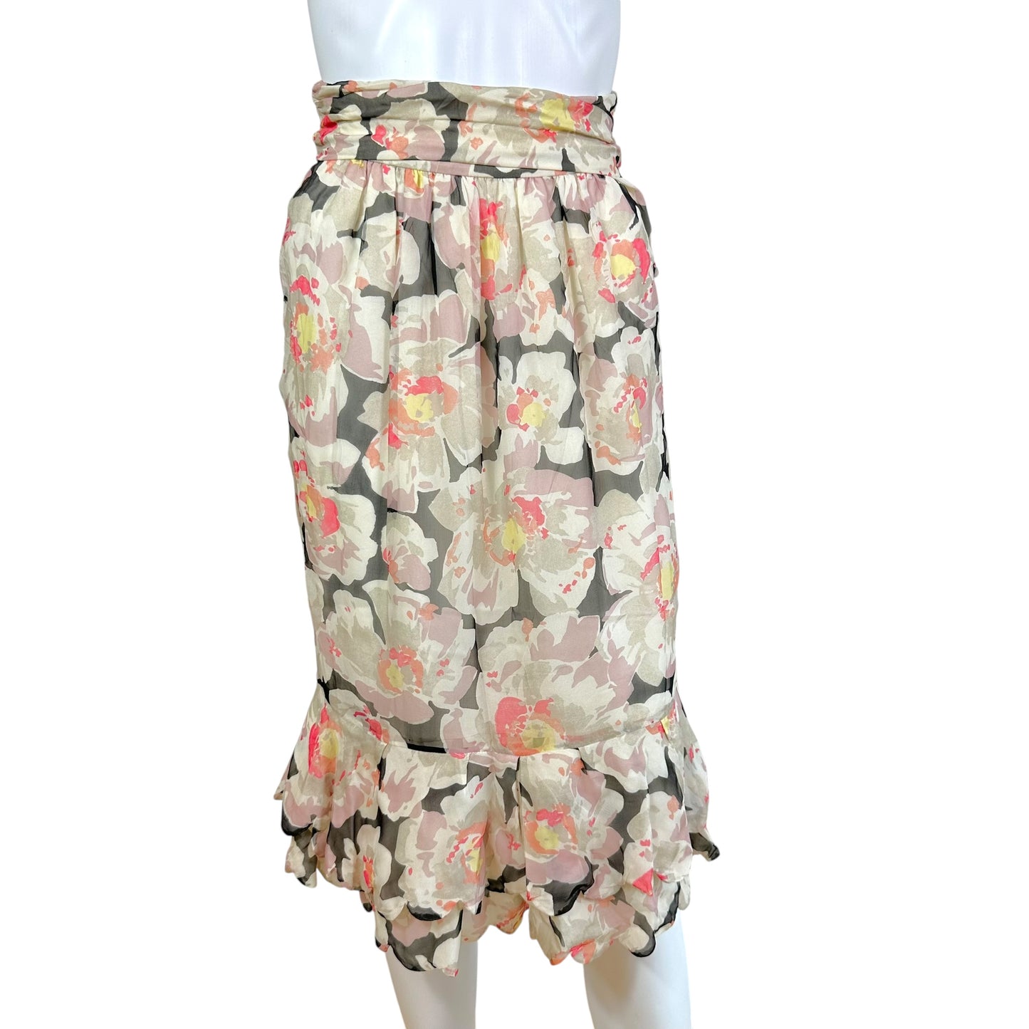 John Galliano Silk Floral Print Midi Skirt