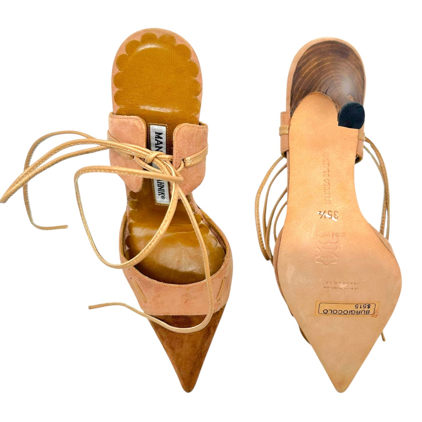 Manolo Blahnik Brown Tan Suede Pointed Toe Wrap Heels