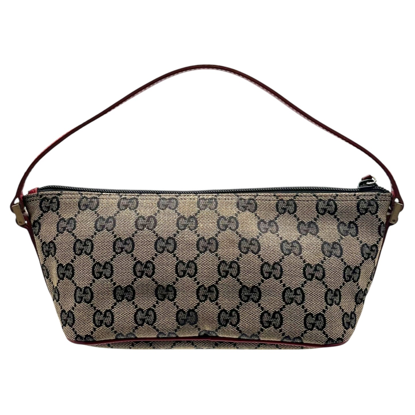 Gucci Red Leather Gray Monogram Boat Pochette Bag