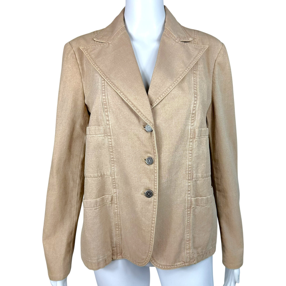Chanel Blazer Jacket Light Brown Denim Notched Lapel