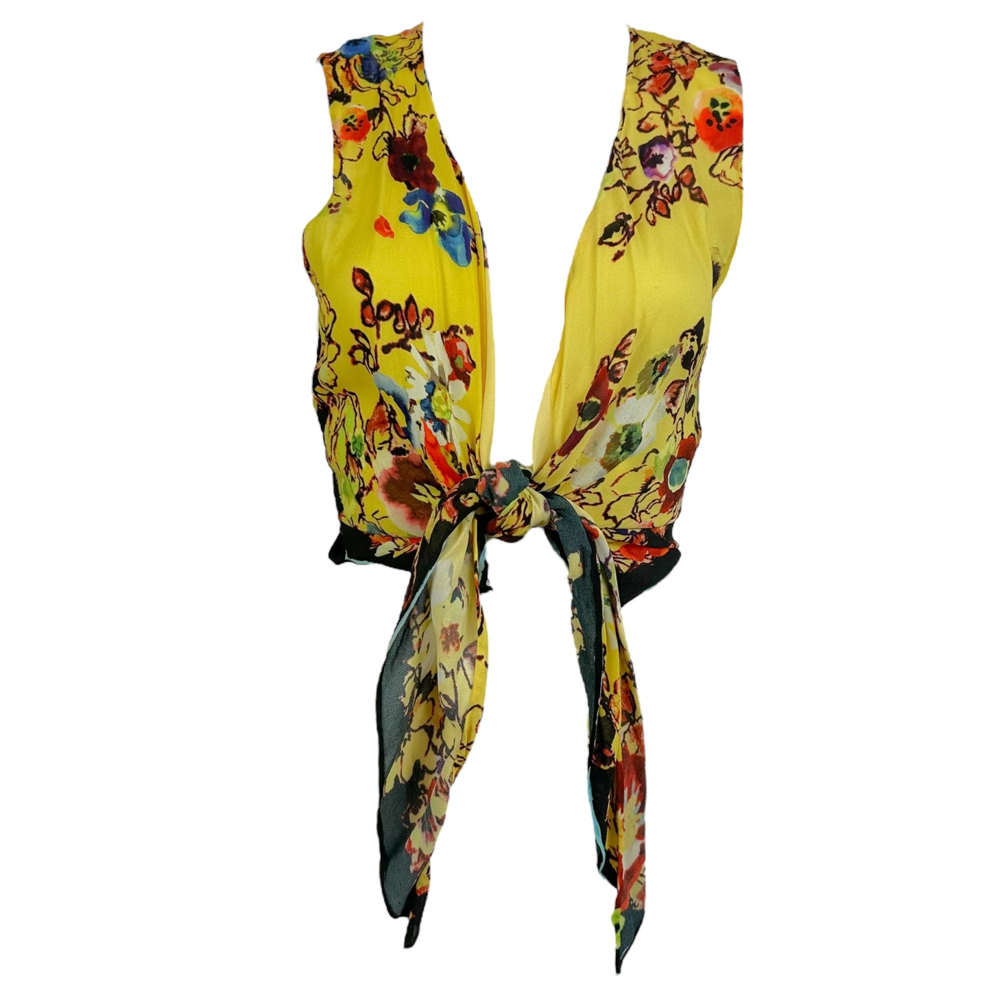 Jean Paul Gaultier Yellow Floral Tie Front Silk Vest Blouse