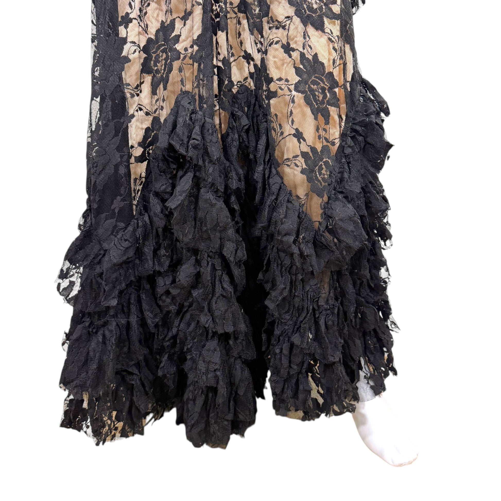 Galliano Black Lace Gown Dress Ruffle Trim Sleeveless
