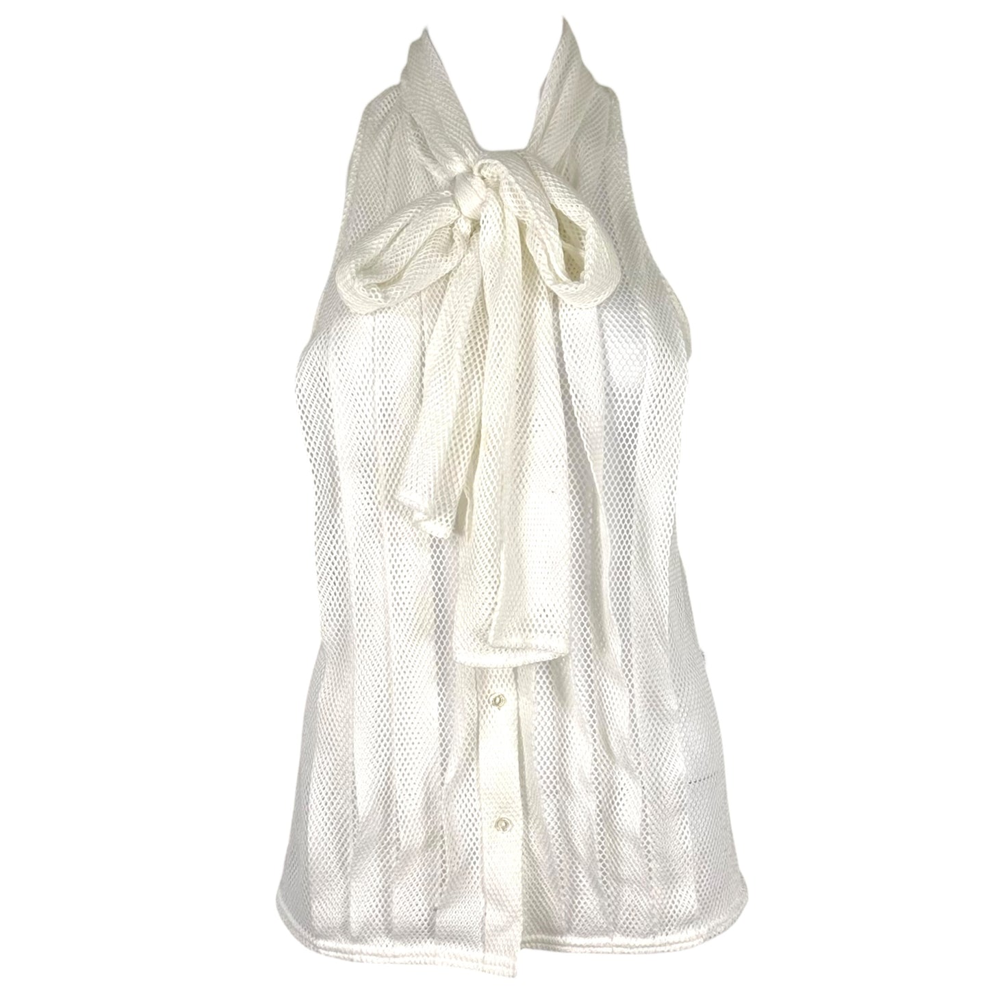 Chanel Sport White Sheer Open Mesh Tie Neck Blouse