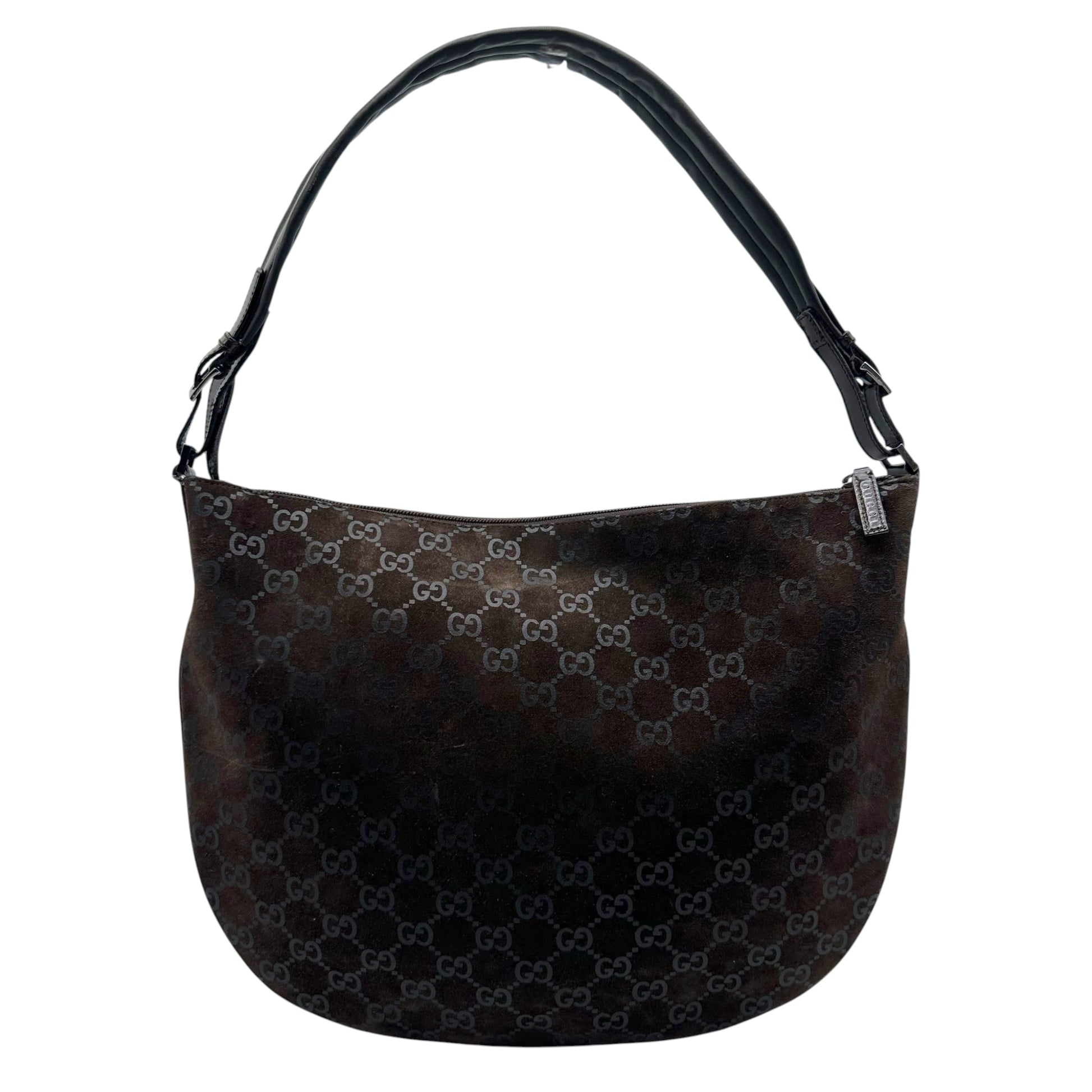 Gucci Brown Suede Monogram Crescent Hobo Bag