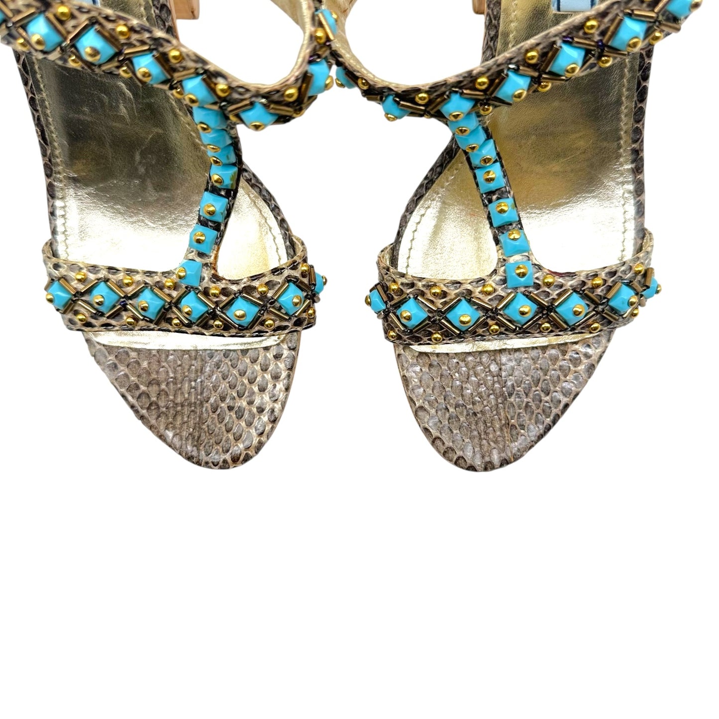 Prada Turquoise Beaded Snakeskin Cork Platform Sandal Heels