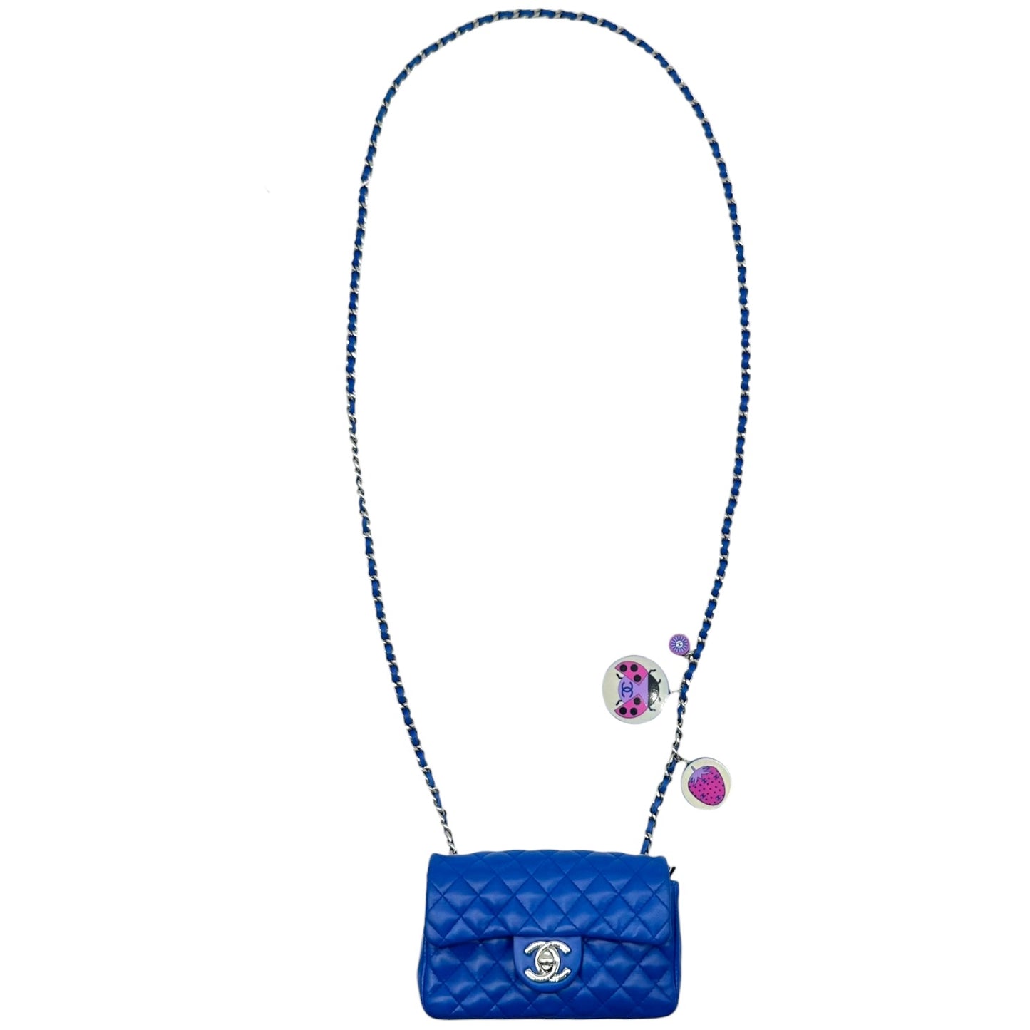 Chanel Cobalt Blue & Silver Matelasse Ladybug Charm Extra Mini Flap 2003-04