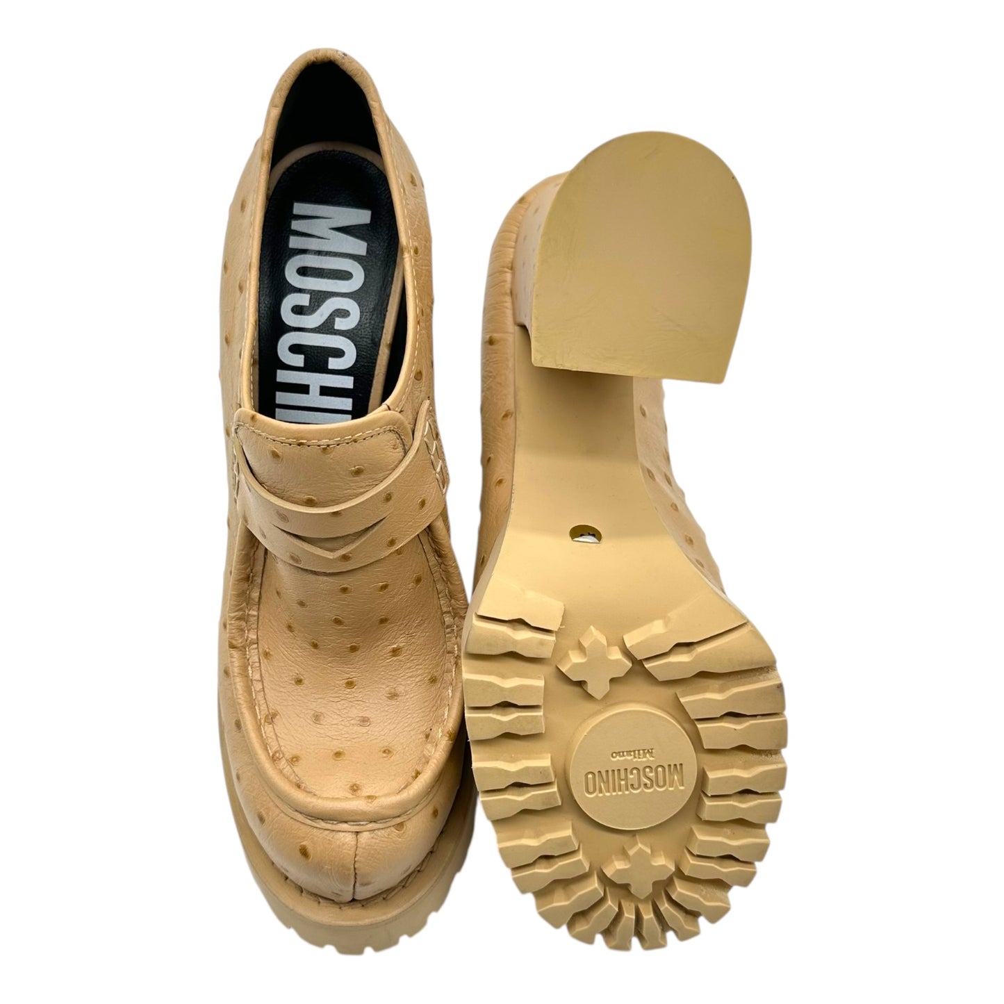 Moschino Tan Ostrich Leather Heeled Platform Loafers - Outfit Repeater