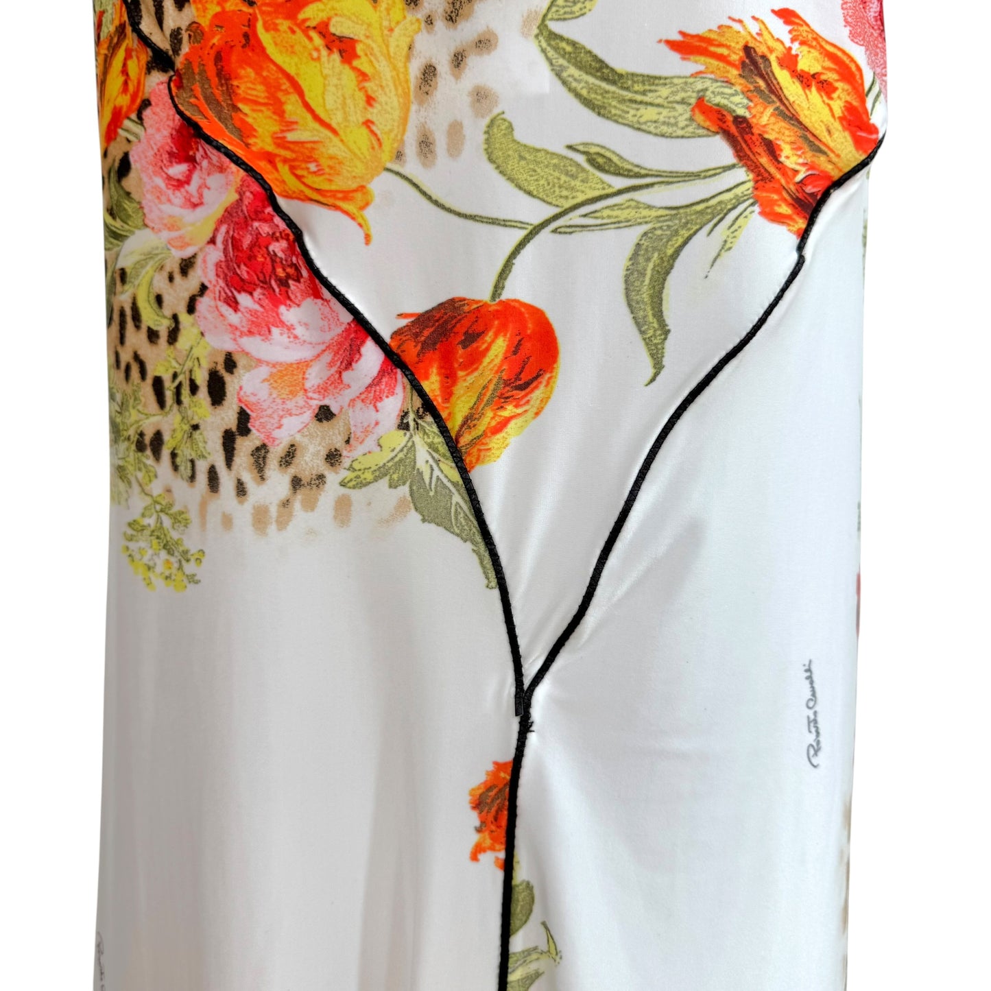 Roberto Cavalli White Leopard & Rose Floral Print Fold-Over Midi Skirt