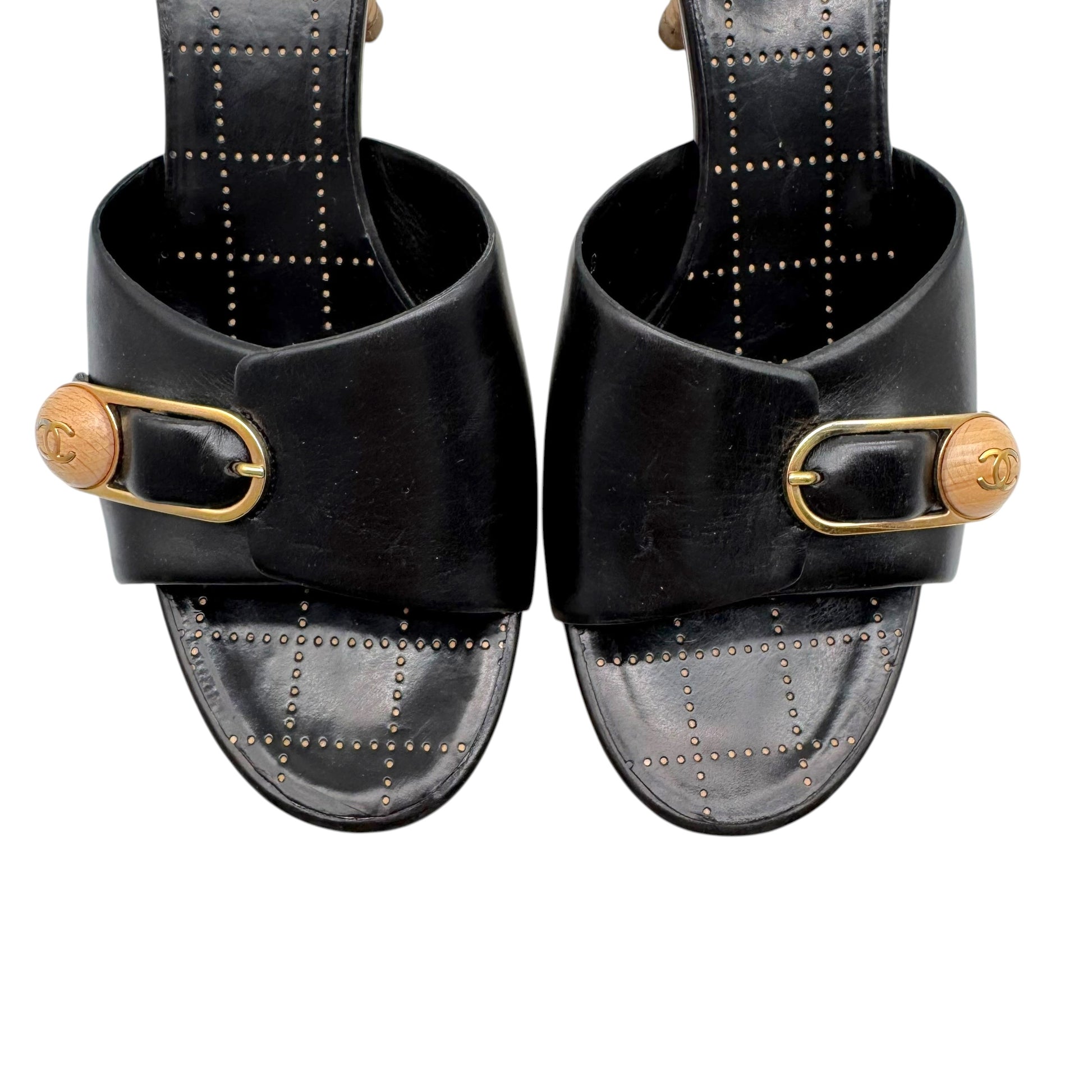 Chanel Black Platform Mule Heels With Safety Pin Detail