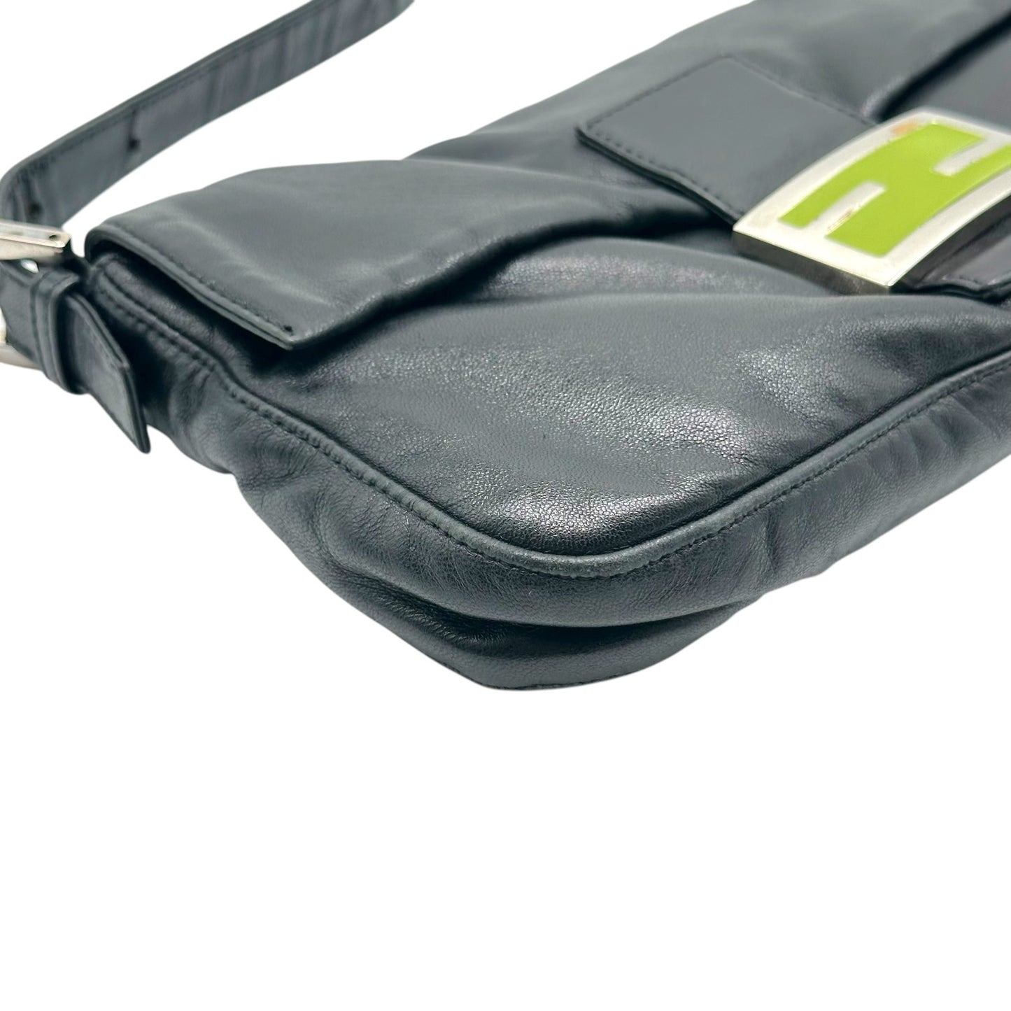 Fendi Black Lambskin Baguette Shoulder Bag with Green Buckle