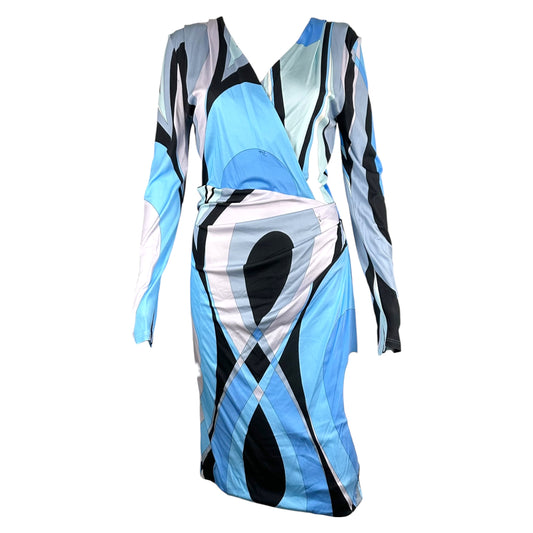 Emilio Pucci Blue & Black Long Sleeve Printed Midi Wrap Dress