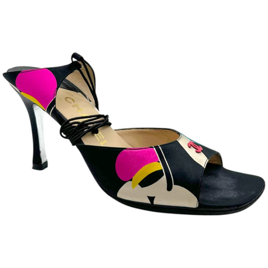 Chanel Multicolor Printed Silk CC Logo Wrap Sandal Heels