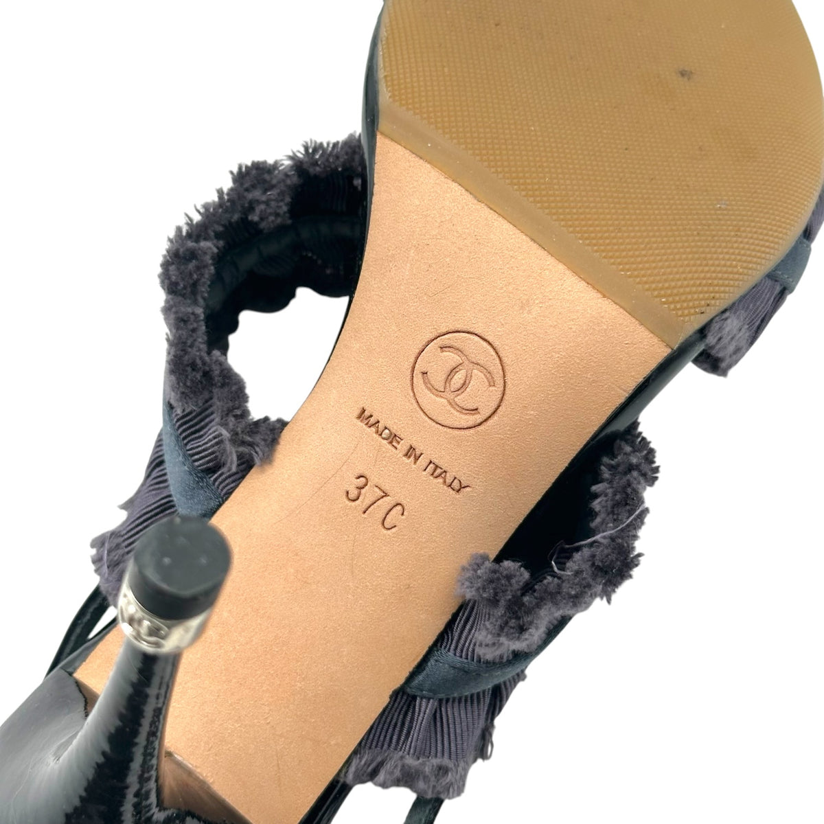 Chanel Dark Gray Ruffle & Bow Sandal Heels