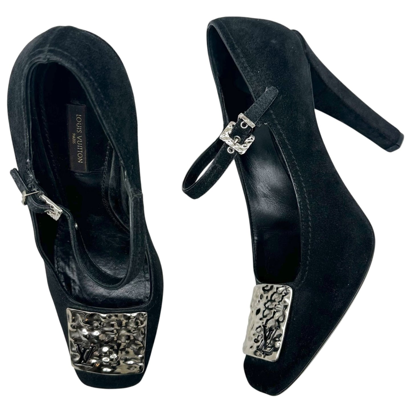 Louis Vuitton Black Suede & Silver Hardware Square Toe Mary Jane Pumps
