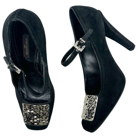 Louis Vuitton Black Suede & Silver Hardware Square Toe Mary Jane Pumps