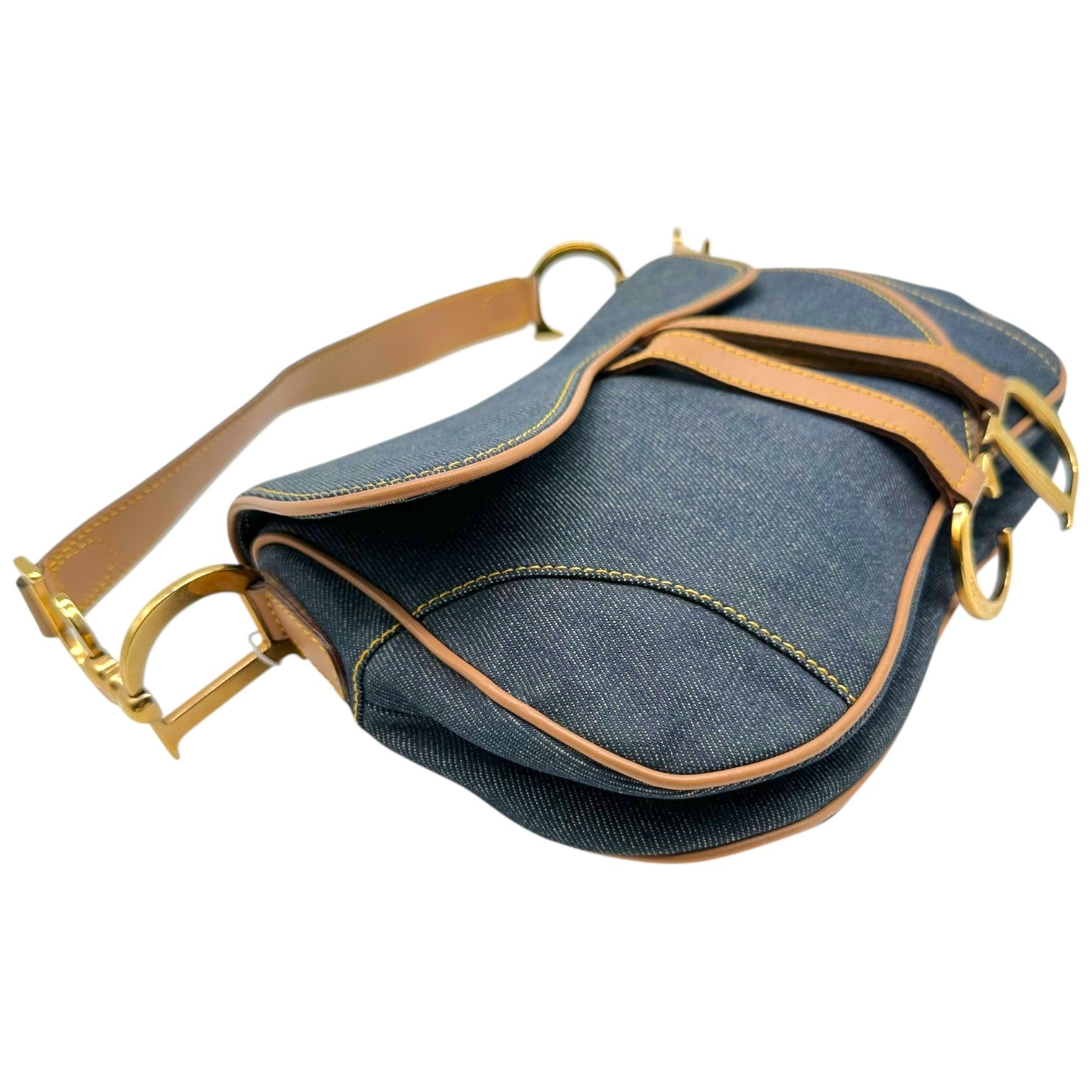 Christian Dior Denim Tan Leather Double Saddle Bag