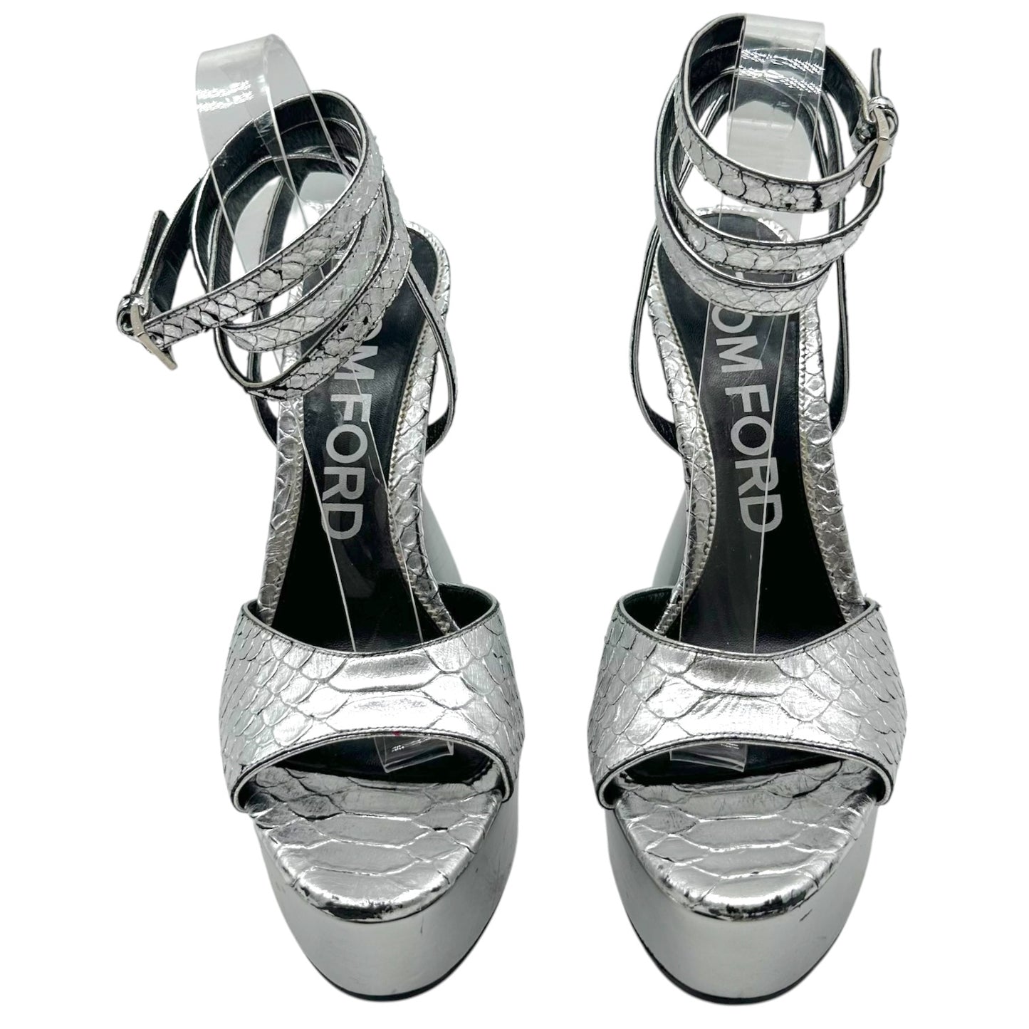 Tom Ford Fall 2020 Silver Snakeskin 'Disco' Chunky Heel Platform Sandal Heels