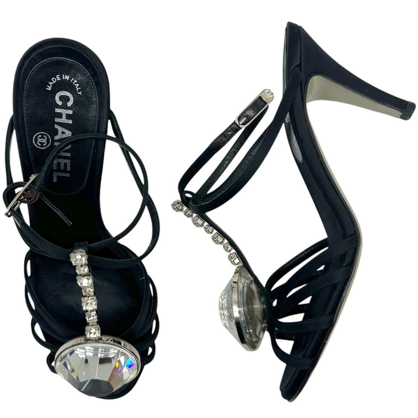 Chanel Black Silk Strappy Heels With Crystal Embellishments
