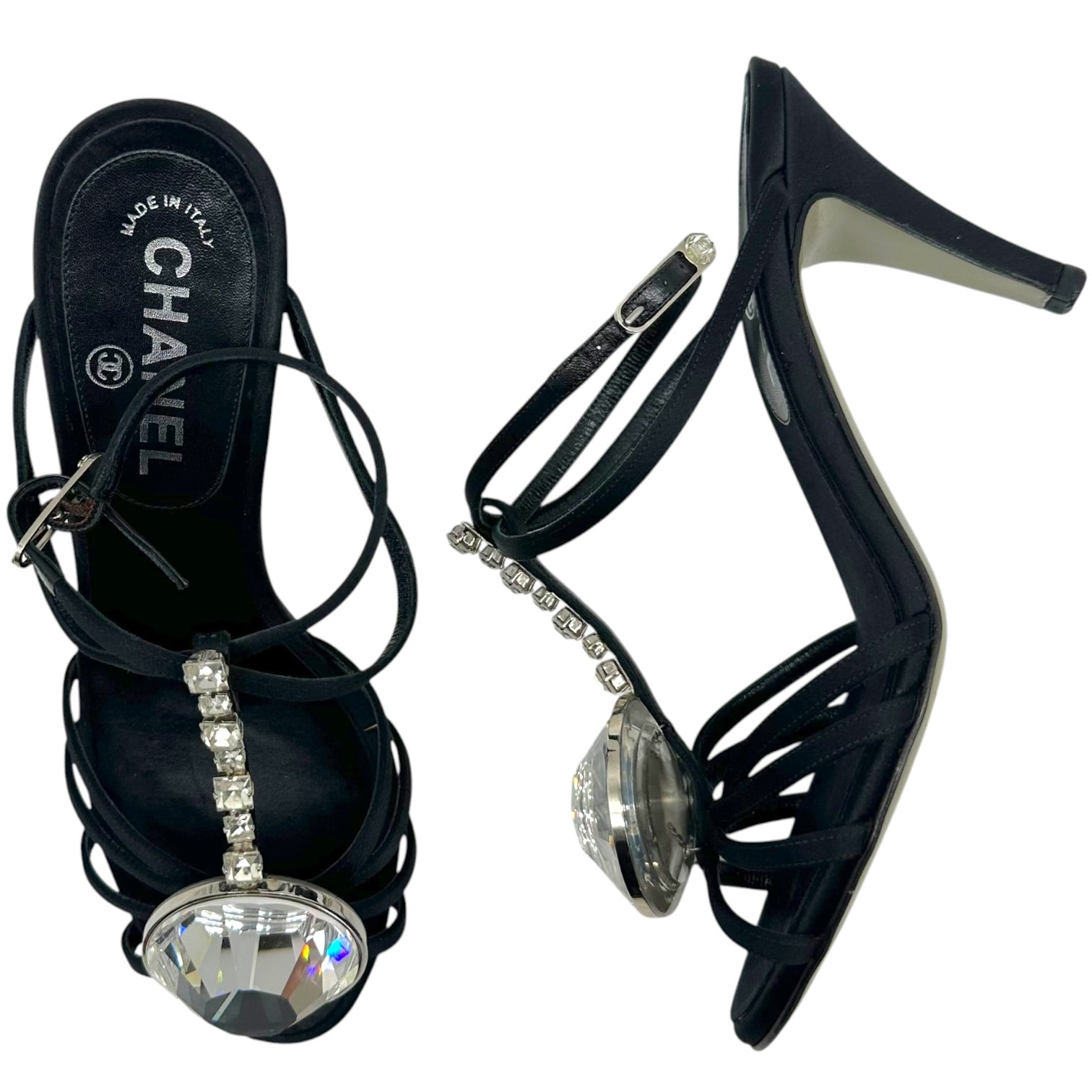 Chanel Black Silk Strappy Heels With Crystal Embellishments