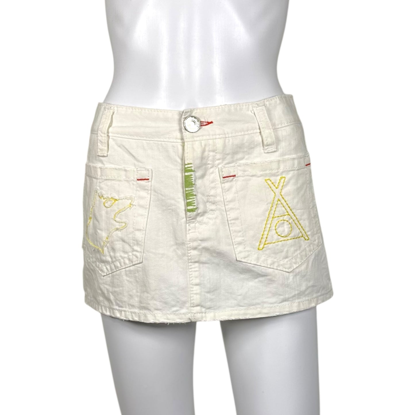 Dsquared2 White Denim Pleated Logo Patch Mini Skirt