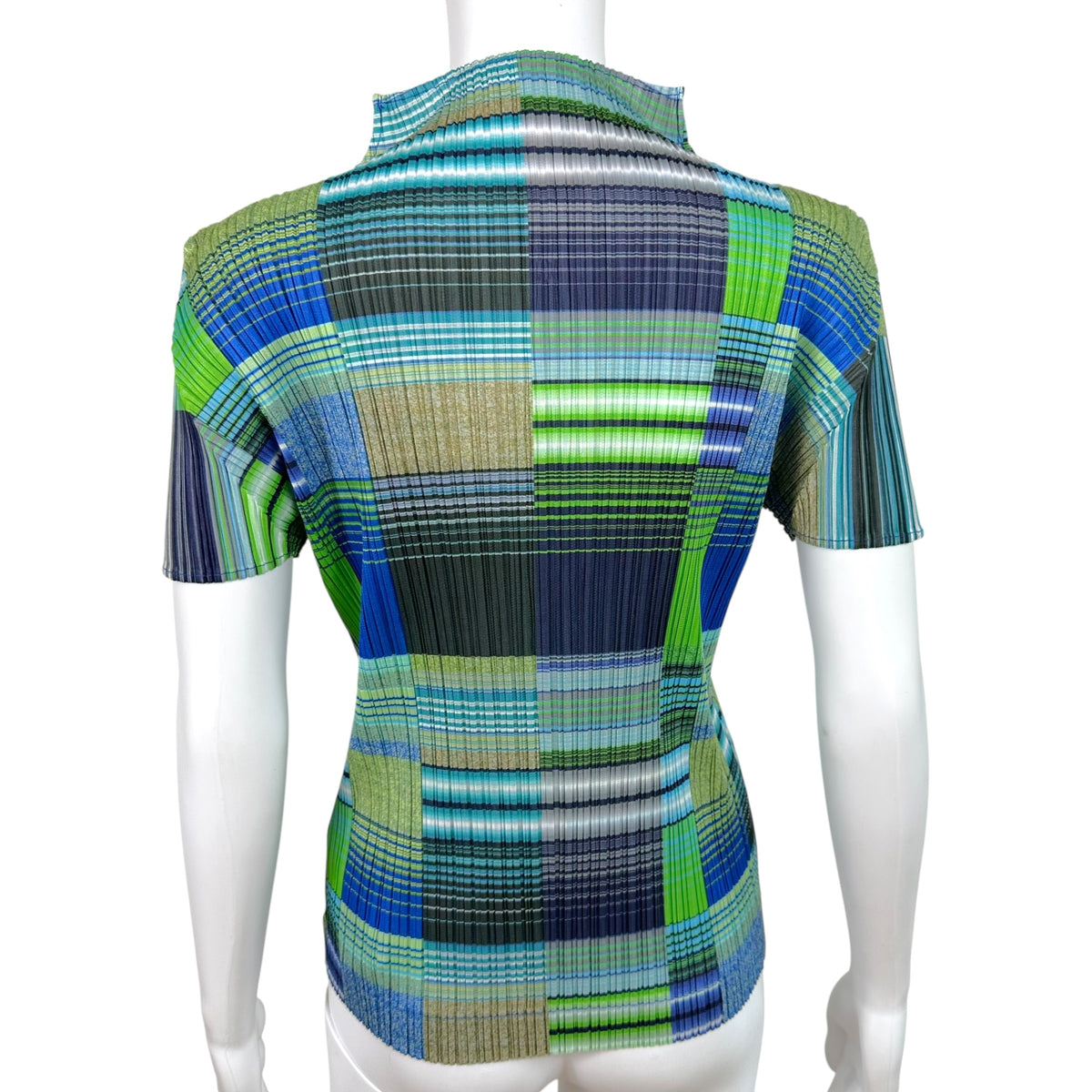 Issey Miyake Pleats Please Blue Green Multicolor Striped Gradient Print Pleated Short Sleeve Blouse Sz 4