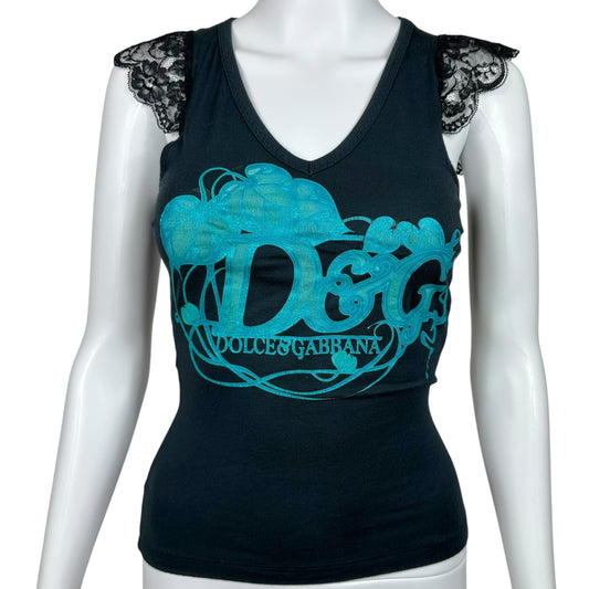 D&G Dolce and Gabbana Lace Sleeve Logo T-Shirt