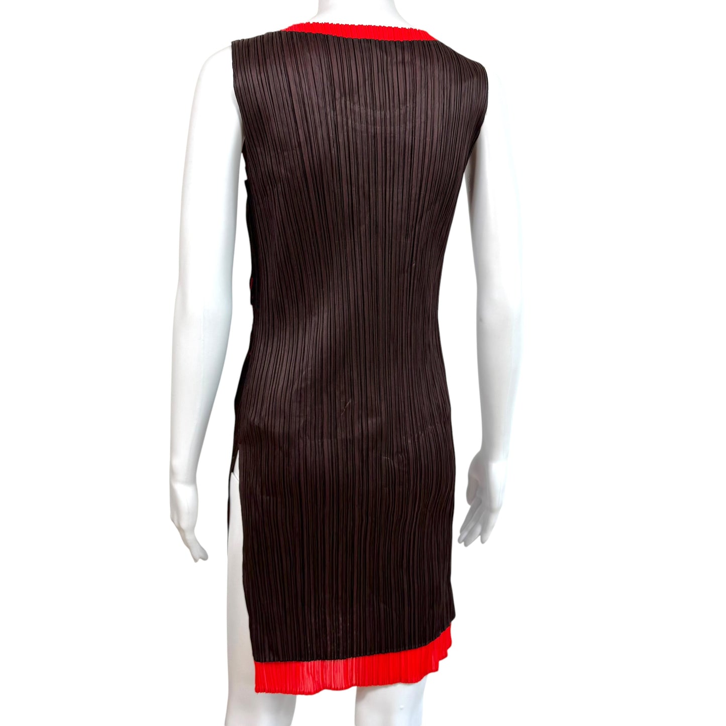 Issey Miyake Pleats Please Brown & Red 'Viva Mexico" Cut-Out Pleated Mini Dress Sz 5