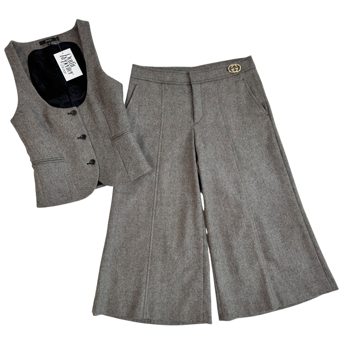 Gucci Herringbone Vest Cropped Gaucho Trousers Set