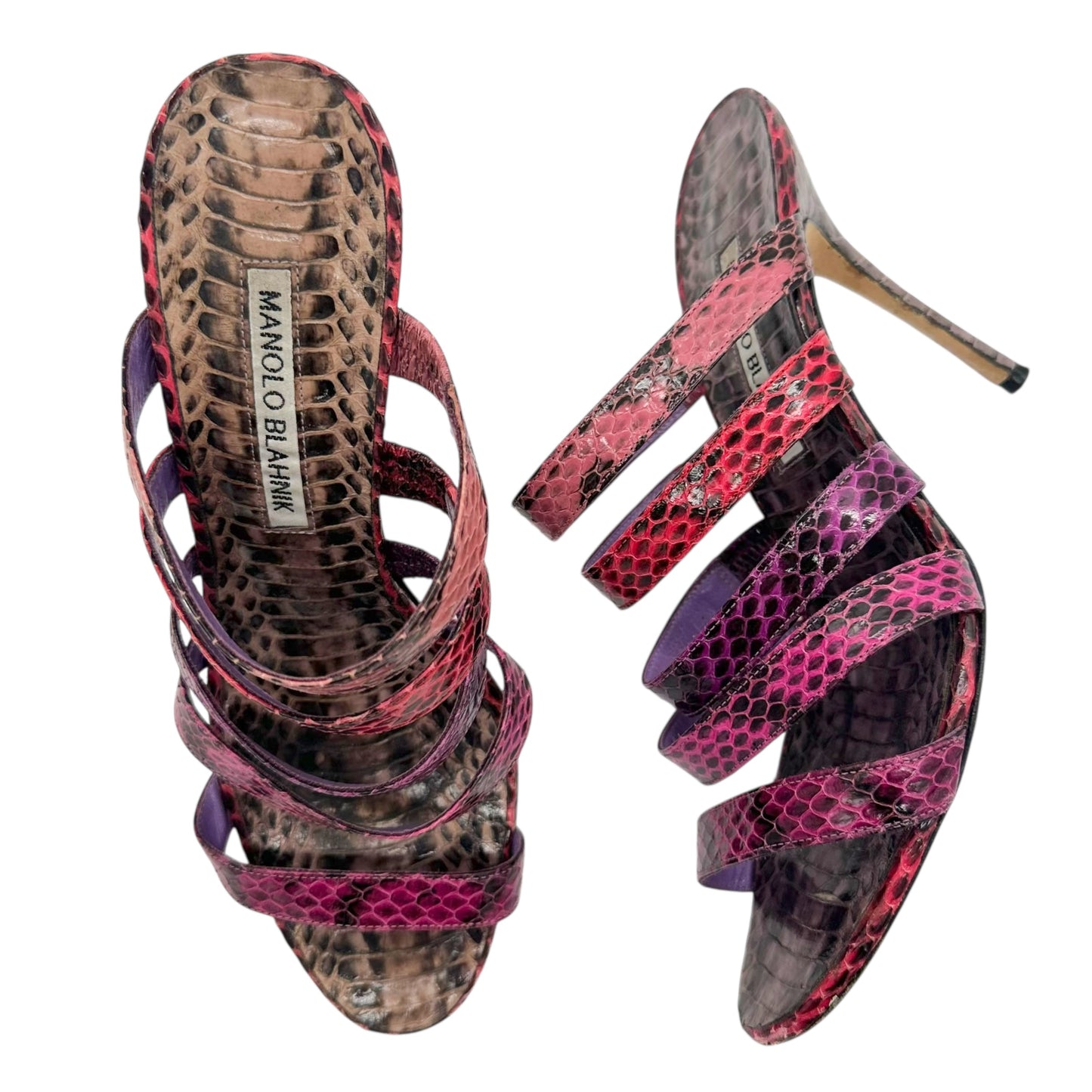 Manolo Blahnik Pink & Purple Strappy Snakeskin Mule Heels