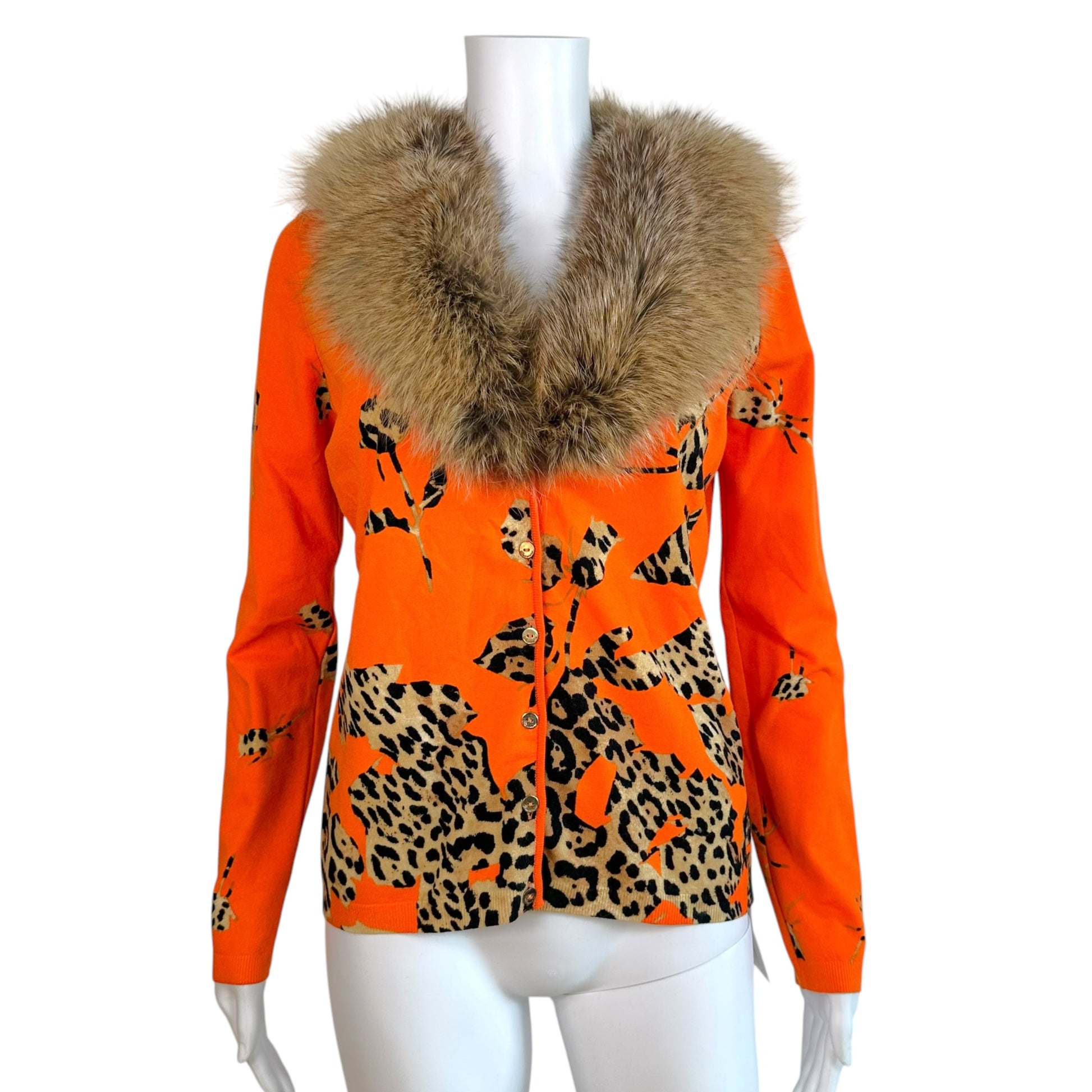 Blumarine Orange Leopard Print Cashmere Cardigan