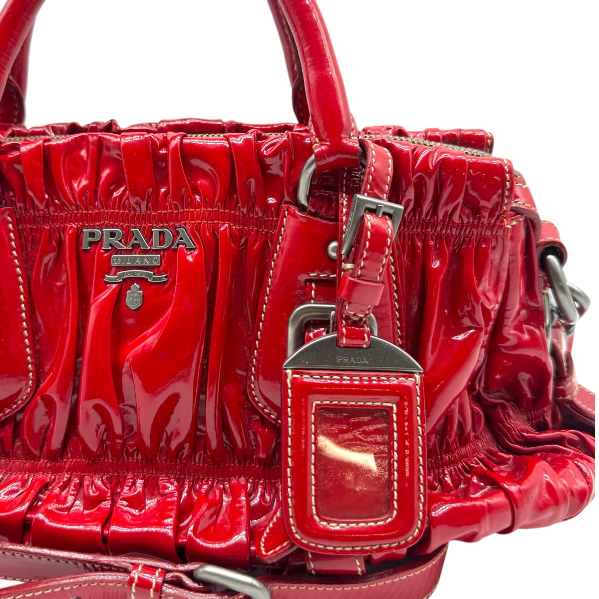 Prada Red Ruched Patent Leather 2-Way Bag
