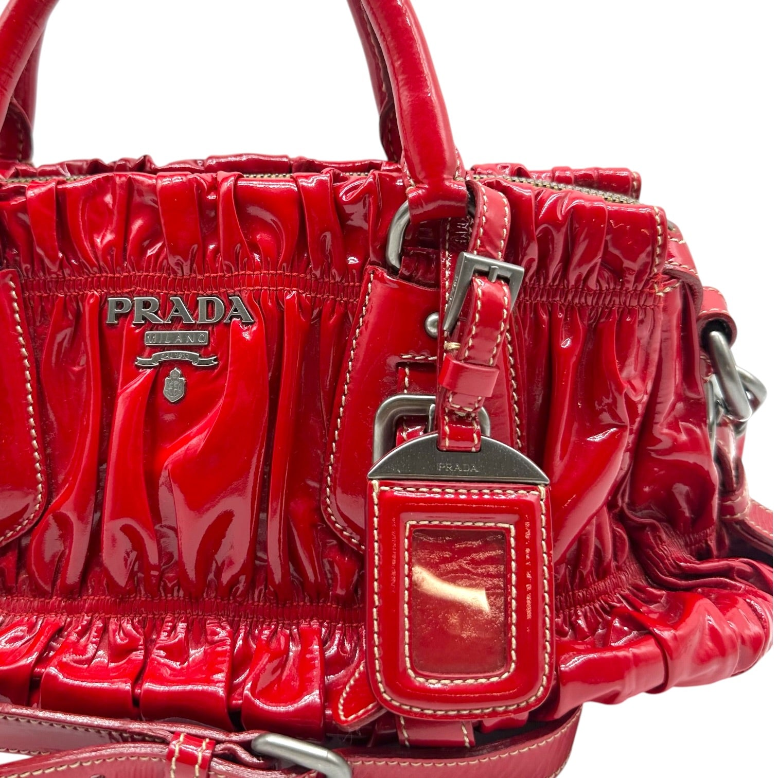 Prada Red Ruched Patent Leather 2-Way Bag