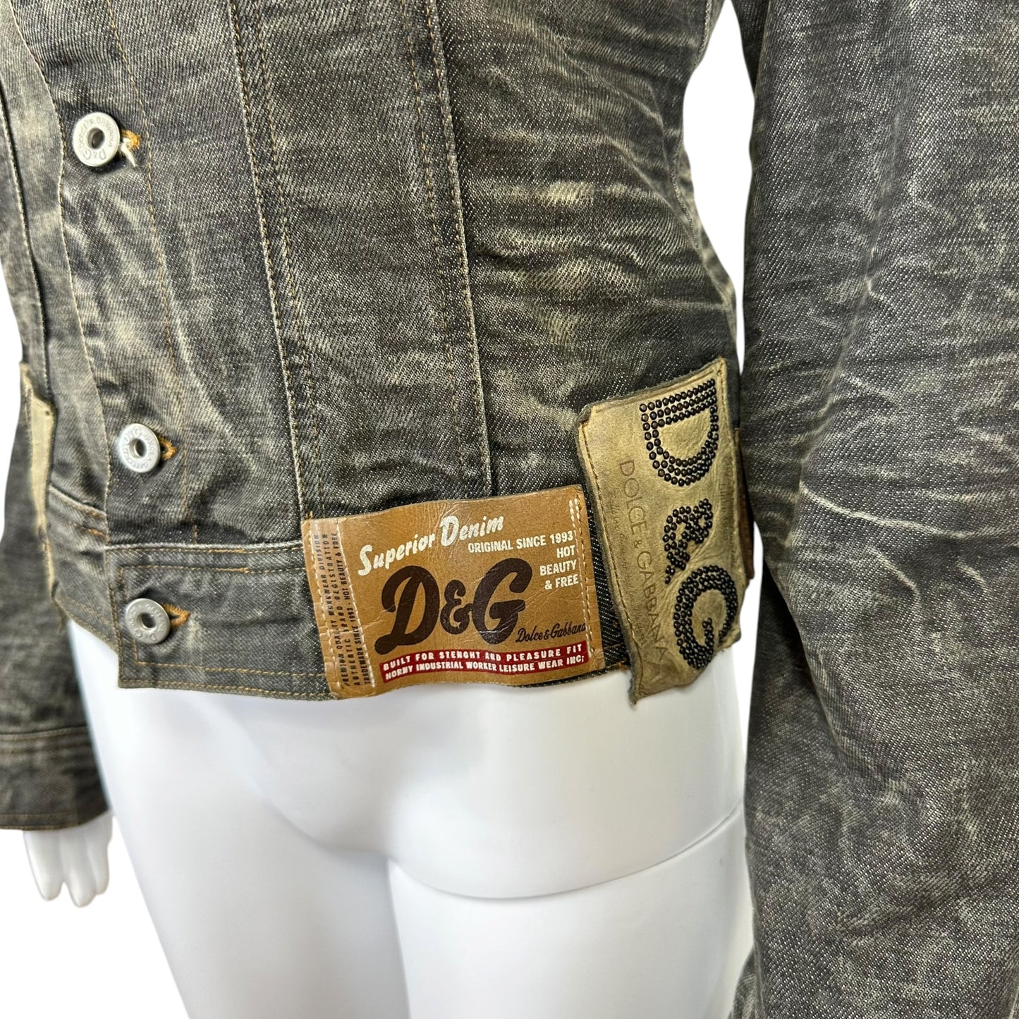 D&G Dolce & Gabbana Gray Denim Multi-Logo Patch Jacket