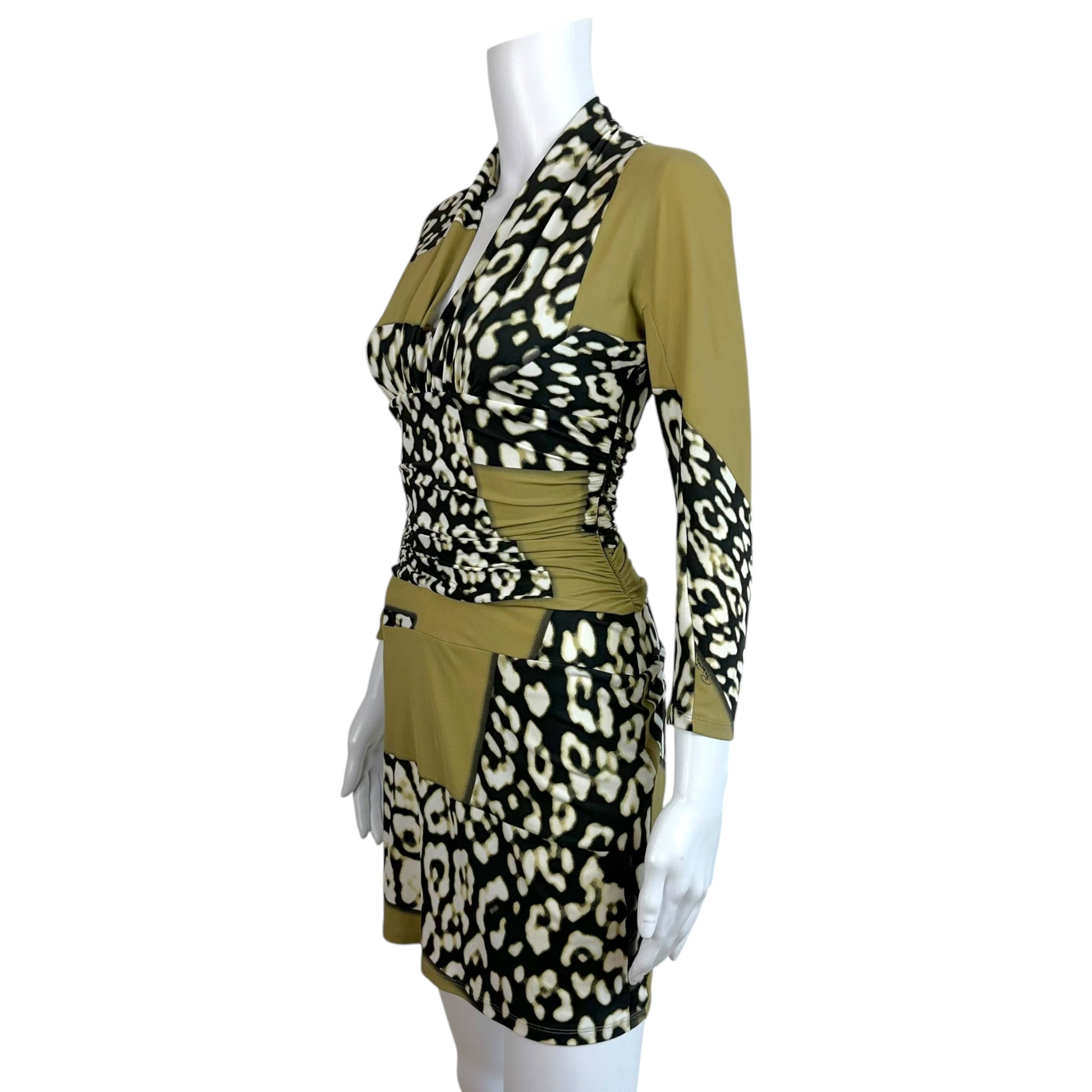 Roberto Cavalli Khaki Green Leopard Print Mini Dress