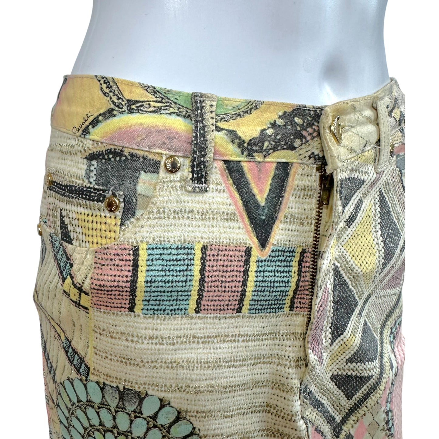 Roberto Cavalli S/S 2003 Glitter & Pastel Printed Denim Midi Skirt