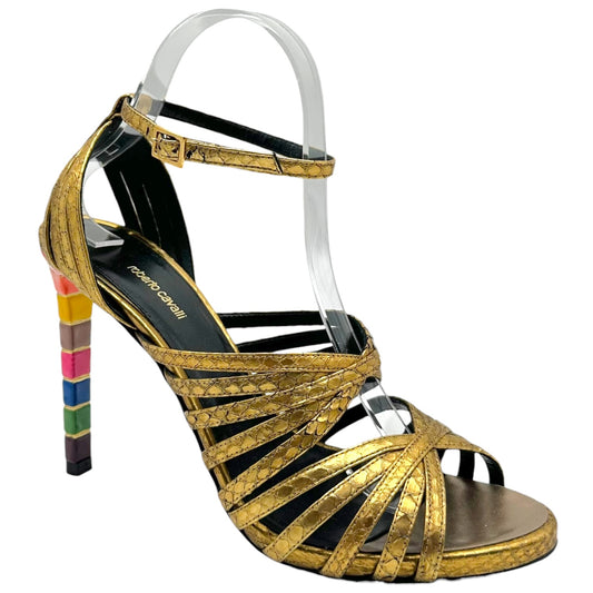 Roberto Cavalli Gold Snakeskin Strappy Sandals w/ Stacked Rainbow Heel