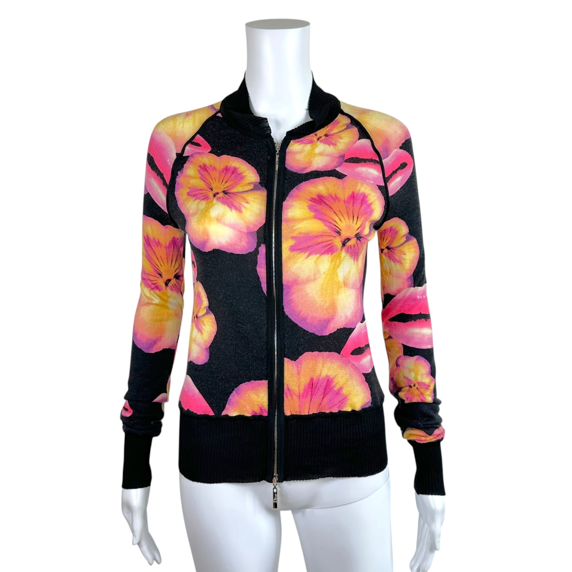 Christian Dior Silk Zip-Up Top Black Floral Lips Print