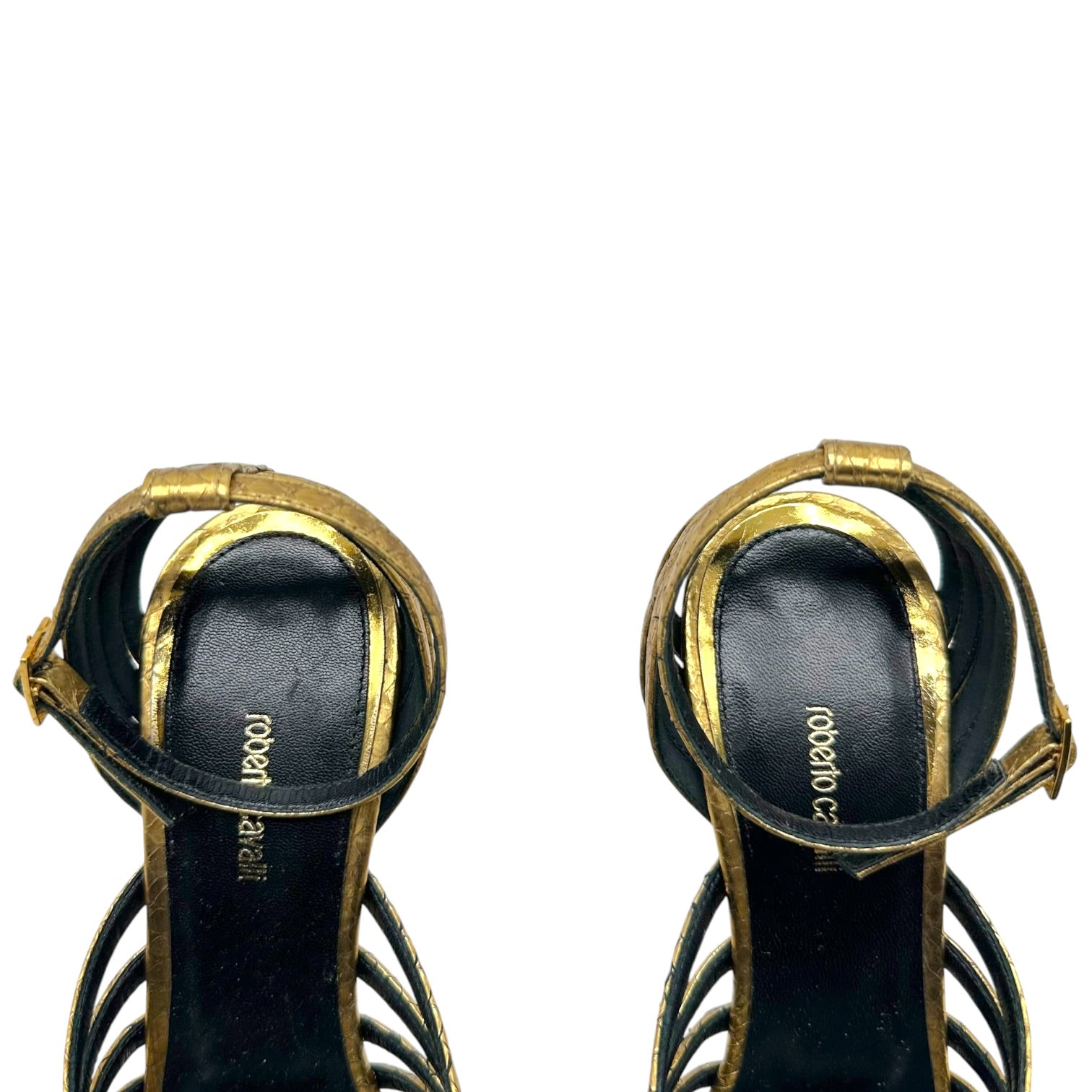 Roberto Cavalli Gold Snakeskin Strappy Sandals