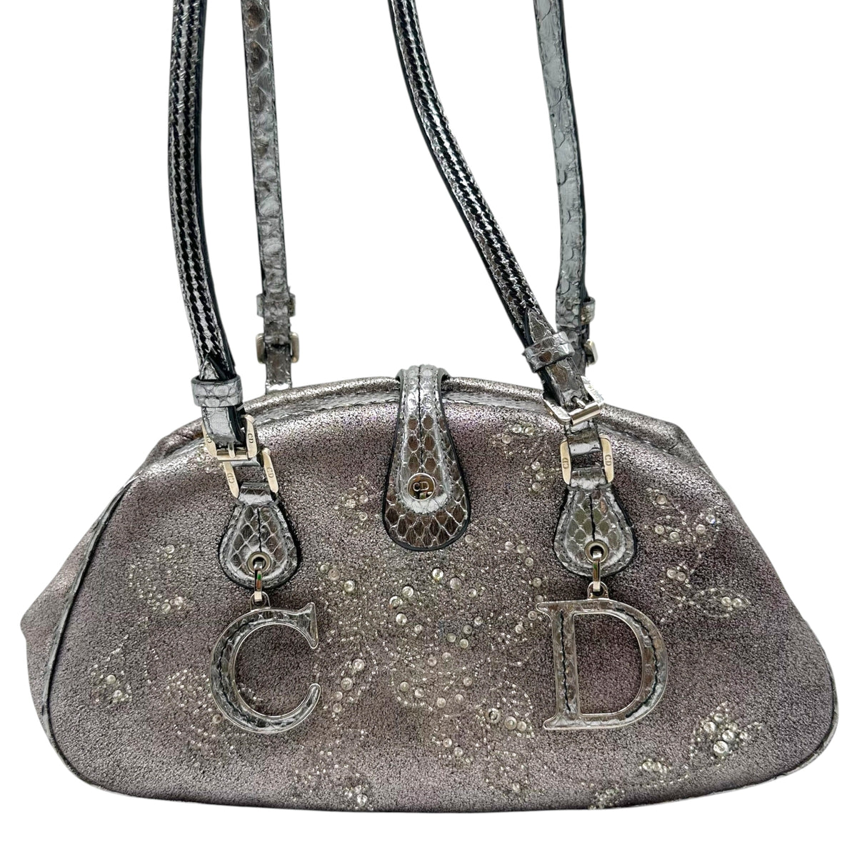 Christian Dior Limited Edition Silver Python & Beaded Suede Crossbody Bag