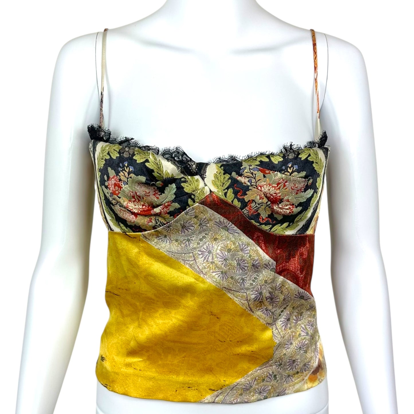 Roberto Cavalli 2005 Patchwork Print Silk & Lace Cropped Bustier Top