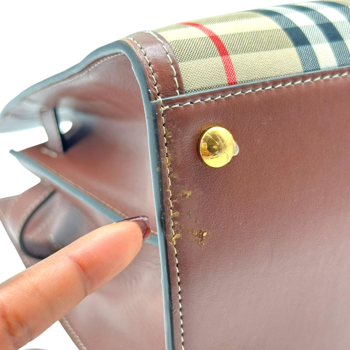 Burberry Brown Leather Nova Check Plaid Tote Handbag