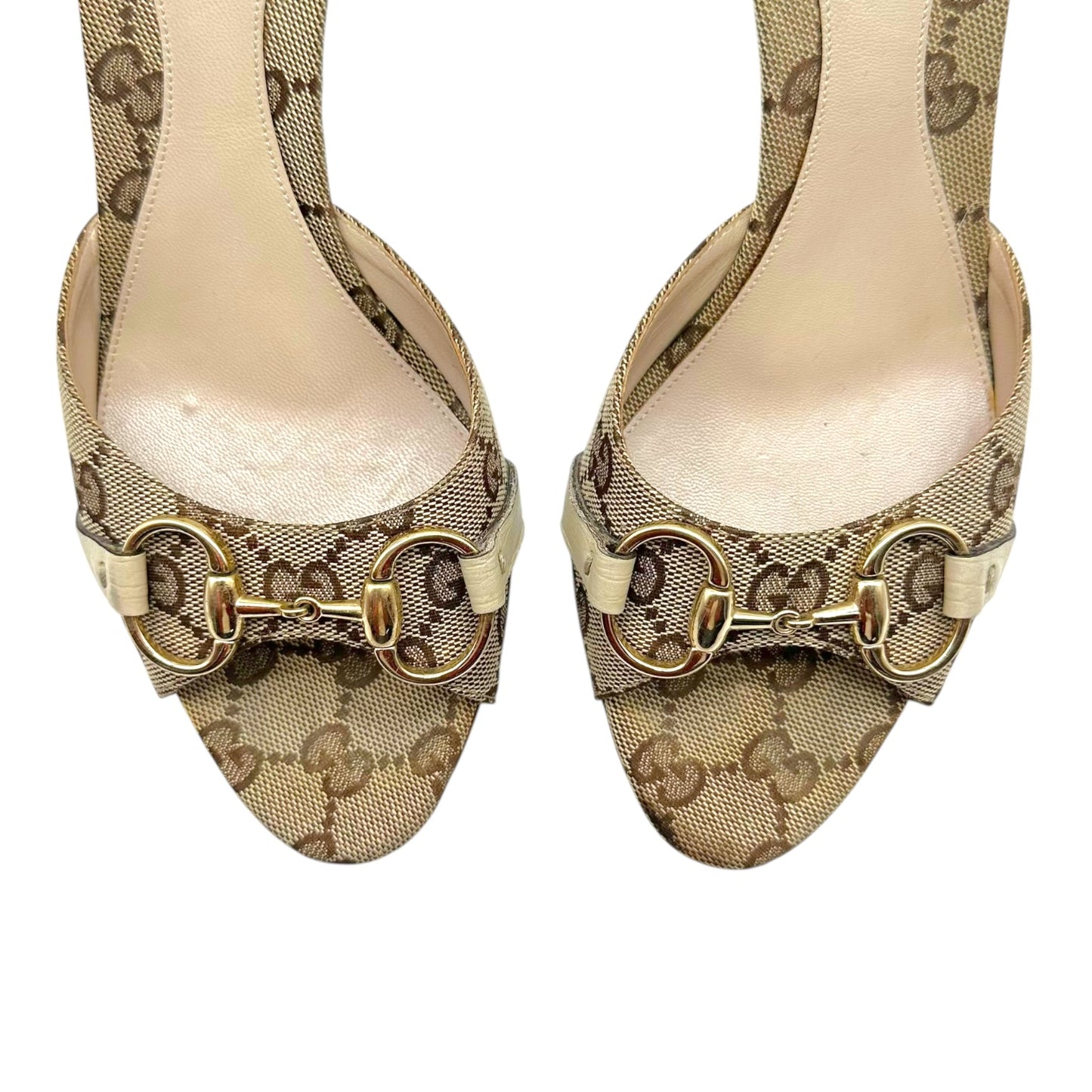 Gucci Tan Monogram Horsebit Heeled Mule Sandals