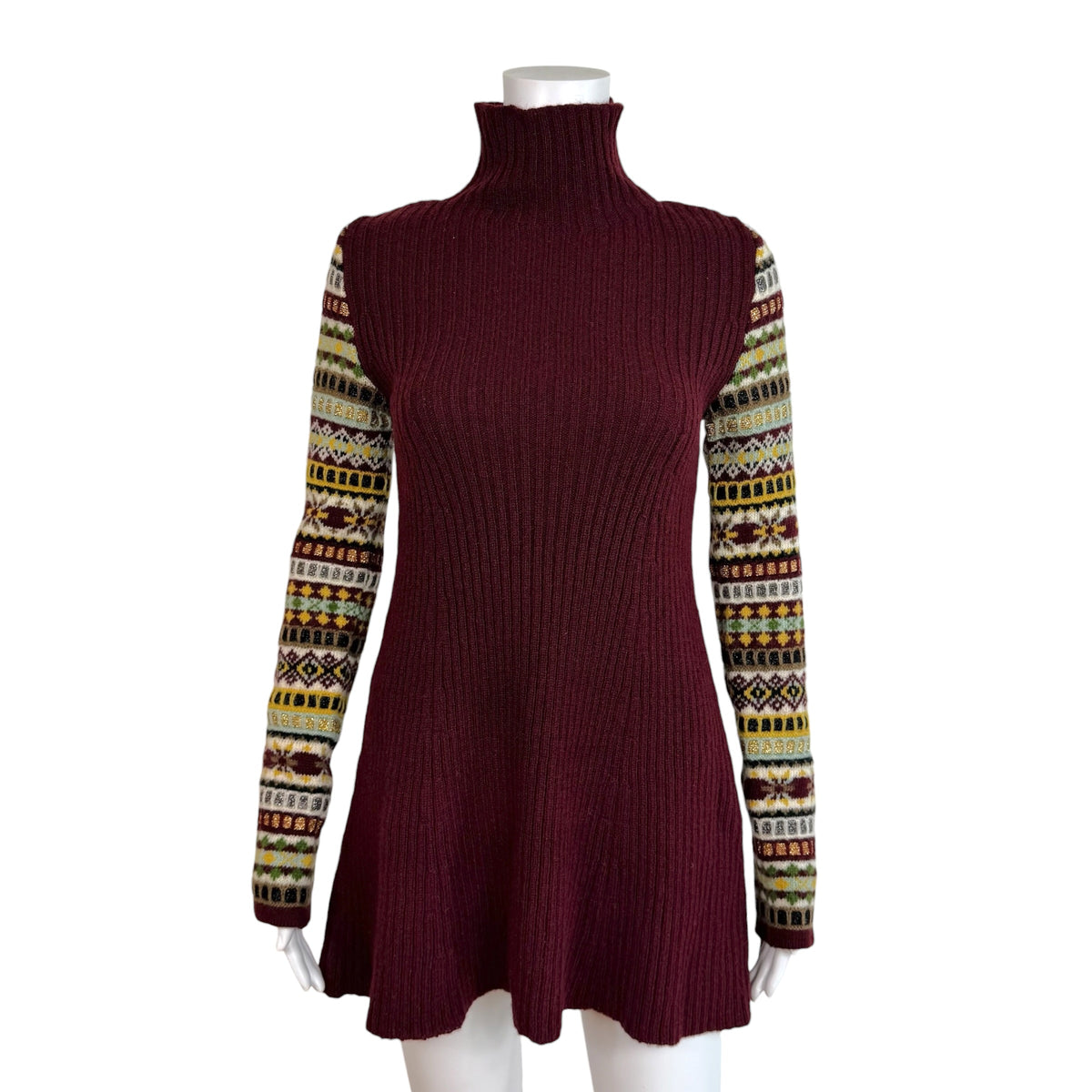 Jean Paul Gaultier Burgundy Wool Knit Nordic Sleeve Turtleneck Mini Dress